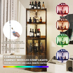 EOYUTLLY Corner Bar Cabinet with Power Outlet and LED Strip, 65" H 5-Tier Corner Liquor Wine Display Cabinet for Home, Storage Solution for Living Room, Kitchen, Home Bar, Brown