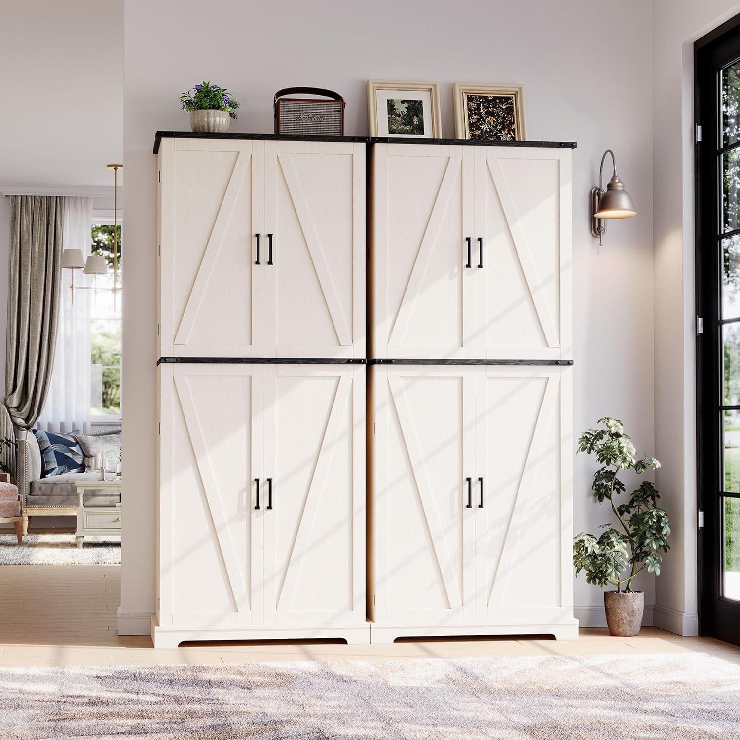 HOMPUS 71" Tall Kitchen Pantry Cabinet with Doors and Drawer, Farmhouse Storage Cabinet with Adjustable Shelves, Freestanding Wood Cupboard for Kitchen, Dining Room, Living Room, Bathroom, Off-White