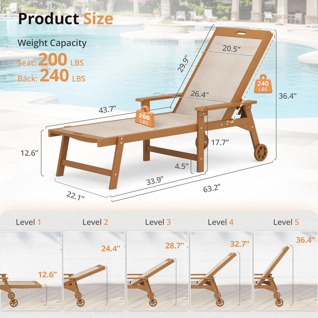 LUE BONA Chaise Lounge Chair Outdoor Set of 2, HDPS and HDPE Wicker Chaise Lounger with 5 Positions, Pool Lounge Chairs with Wheels and Adjustable Backrest for Patio, Poolside, Deck, Backyard