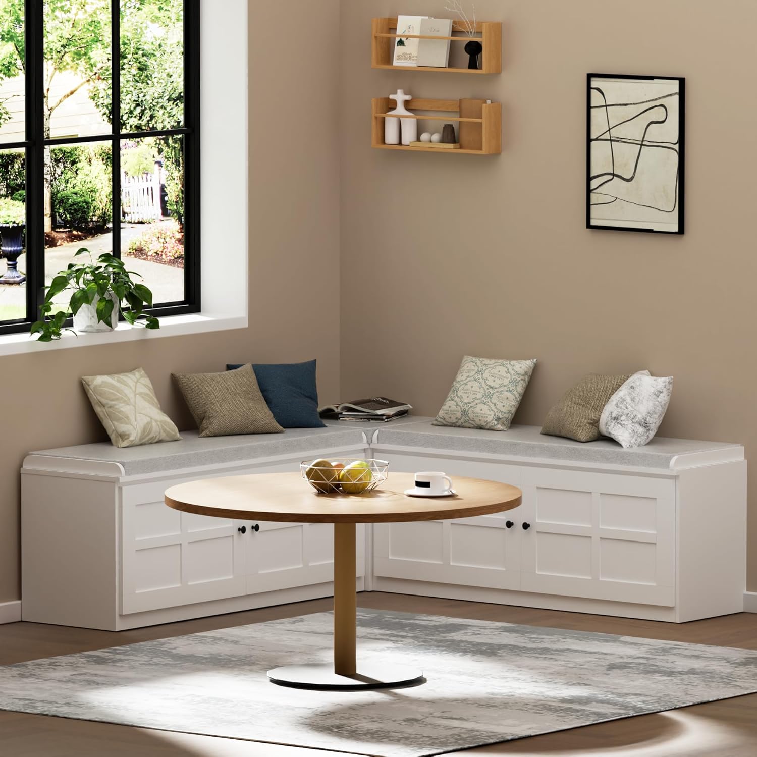 63 inches L-Shaped Storage Bench with Cushion Seat Corner Dining Bench with Hidden Storage Wooden Backless Bench for Entryway Dining Room Kitchen,White