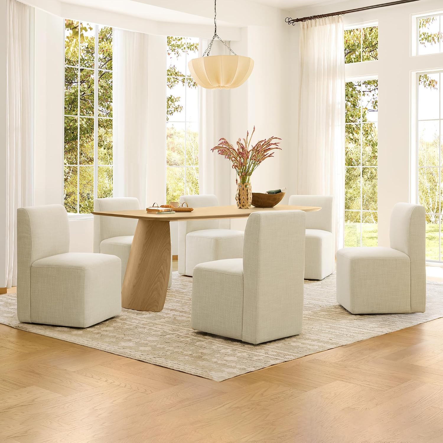 CHITA Dining Chairs with Casters Set of 4, FSC Certified Upholstered Armless Modern Rolling Dining Chairs with Rollers for Bedroom Reading Room Living Room, Fully Assembled, Linen