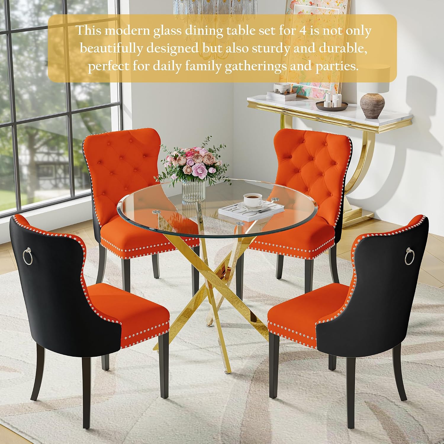 5-Piece Glass Dining Table Set for 4, Include 36" Round Tempered Glass Kitchen Table and 4 Orange Black High Back Chairs for Dining Room, Living Room (Gold Table Legs)