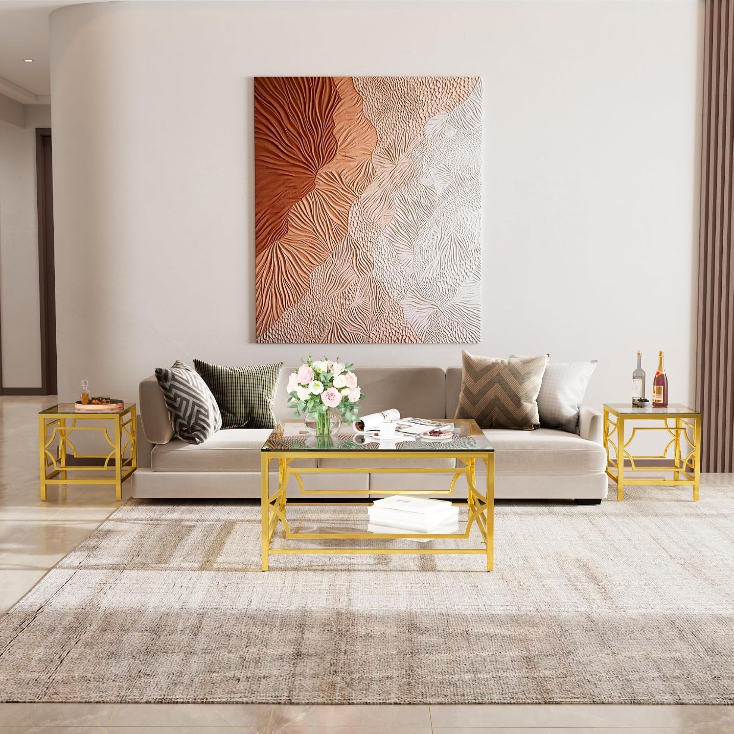 Modern 19.7" Square Glass Side Table for Living Room Luxury 2-Tier Storage End Table with Clear Tempered Glass Top and Gold Frame