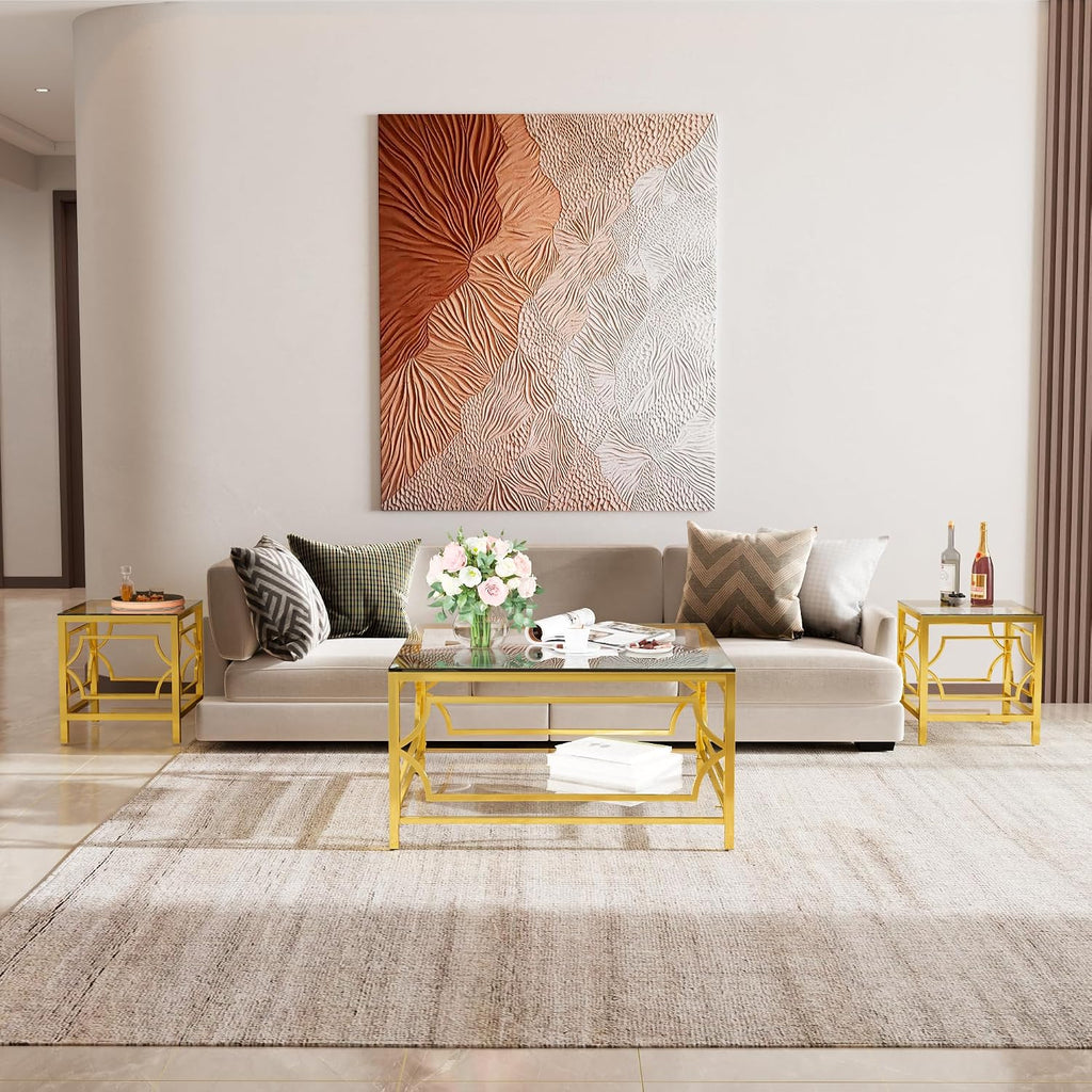 19.7" Modern Square Side Table with Tempered Glass Top & Storage Shelf, Luxury Glam End Table with Metal Frame for Living Room, Bedroom, Sofa Side, Small Space Accent Table