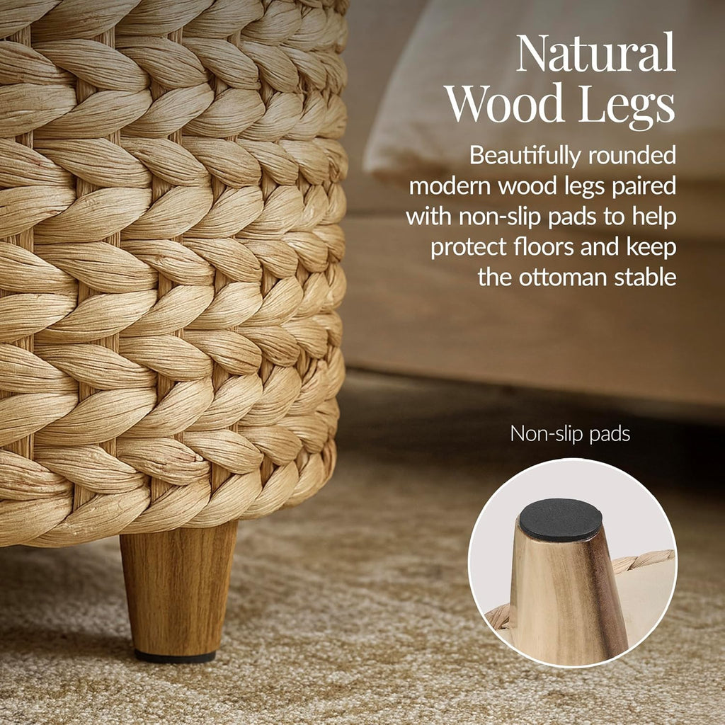 Best Choice Products 17" Round Storage Ottoman W/Lid, Handwoven Water Hyacinth Footstool, Footrest w/Wooden Legs, Accent Side Table, Storage Container, Plant Stand - Natural