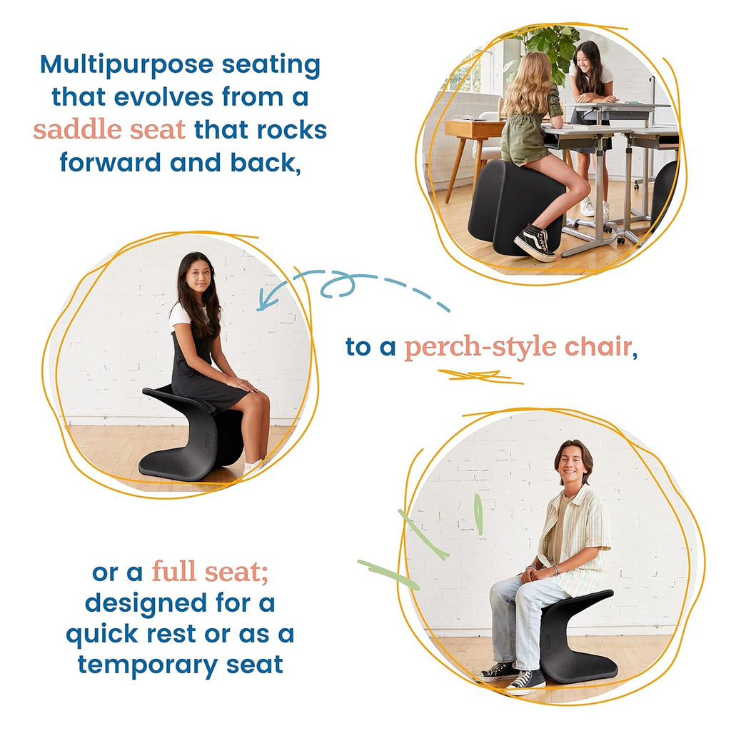 ECR4Kids Wave Seat Perch Stool, 18in - 19.6in Seat Height, Flexible Seating, Black