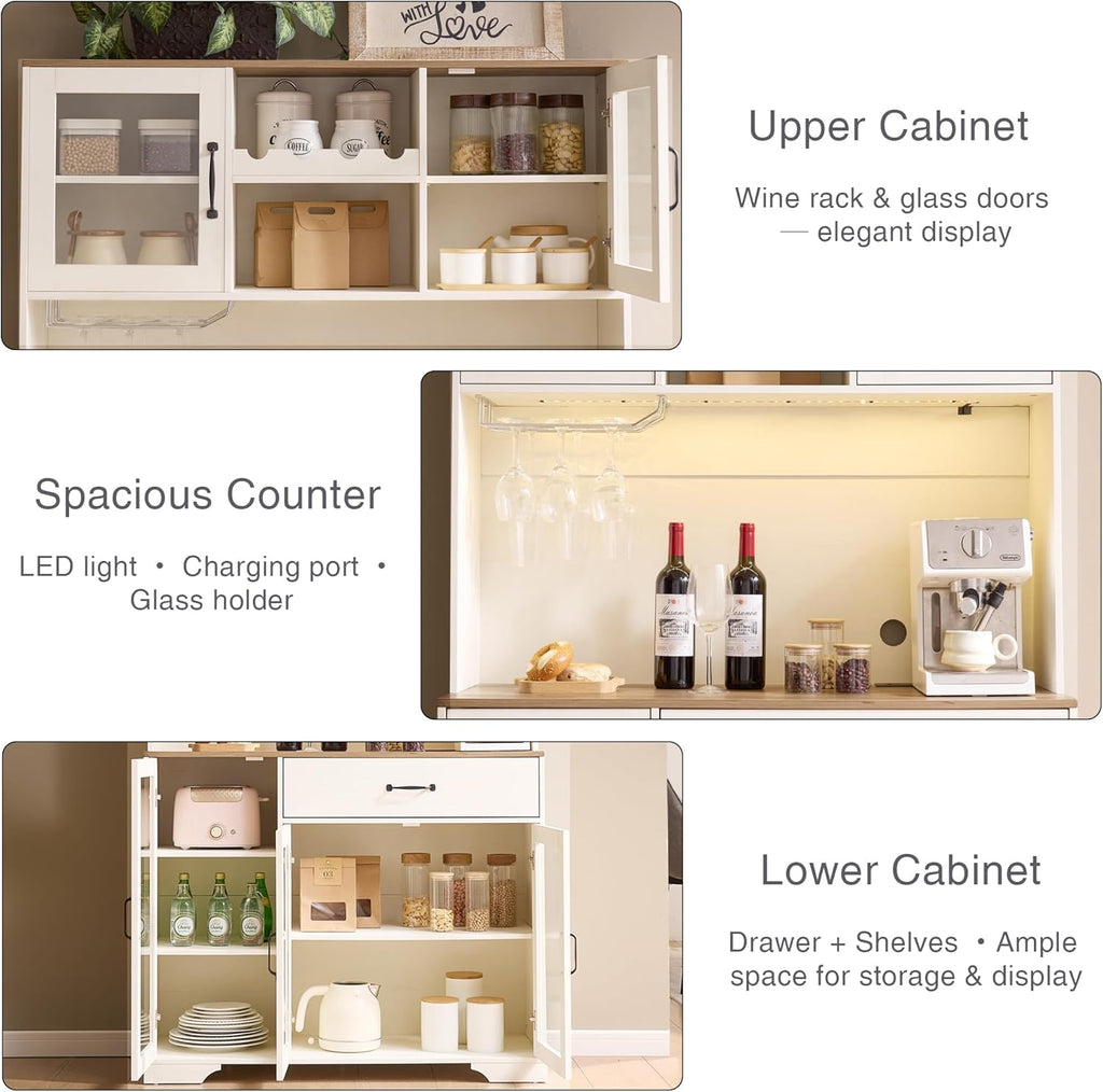 Fatmok 71" Tall Pantry Cabinet with Glass Doors, Kitchen Hutch Storage Cabinet, Coffee Bar & Liquor Cabinet with Charging Station & LED Lights, Wine Rack, Adjustable Shelves & Large Drawer, White