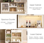 Fatmok 71" Tall Pantry Cabinet with Glass Doors, Kitchen Hutch Storage Cabinet, Coffee Bar & Liquor Cabinet with Charging Station & LED Lights, Wine Rack, Adjustable Shelves & Large Drawer, White