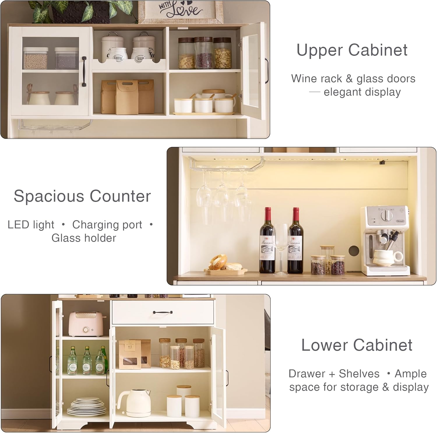 Fatmok 71" Tall Pantry Cabinet with Glass Doors, Kitchen Hutch Storage Cabinet, Coffee Bar & Liquor Cabinet with Charging Station & LED Lights, Wine Rack, Adjustable Shelves & Large Drawer, White