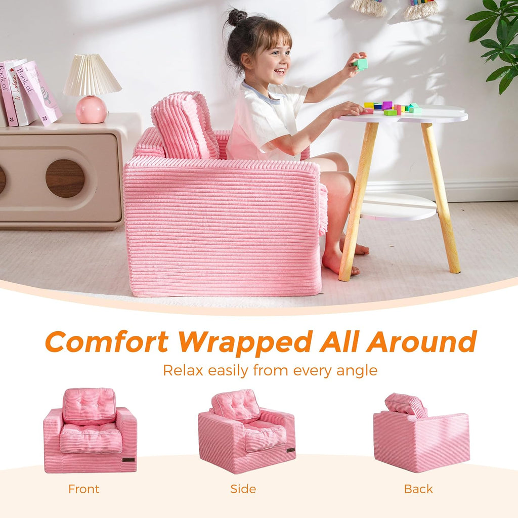 MAXYOYO Kids Bean Bag Chair, Upholstered Bean Bag Sofa Cloud Seat for Boys and Girls, Boneless Couch with Tufted Cushion & Pillows, Kids Sofa in A Box, No Assembly Required, Pink