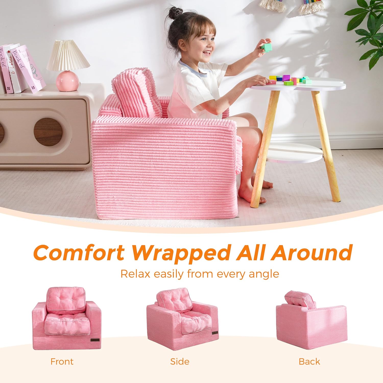 MAXYOYO Kids Bean Bag Chair, Upholstered Bean Bag Sofa Cloud Seat for Boys and Girls, Boneless Couch with Tufted Cushion & Pillows, Kids Sofa in A Box, No Assembly Required, Pink