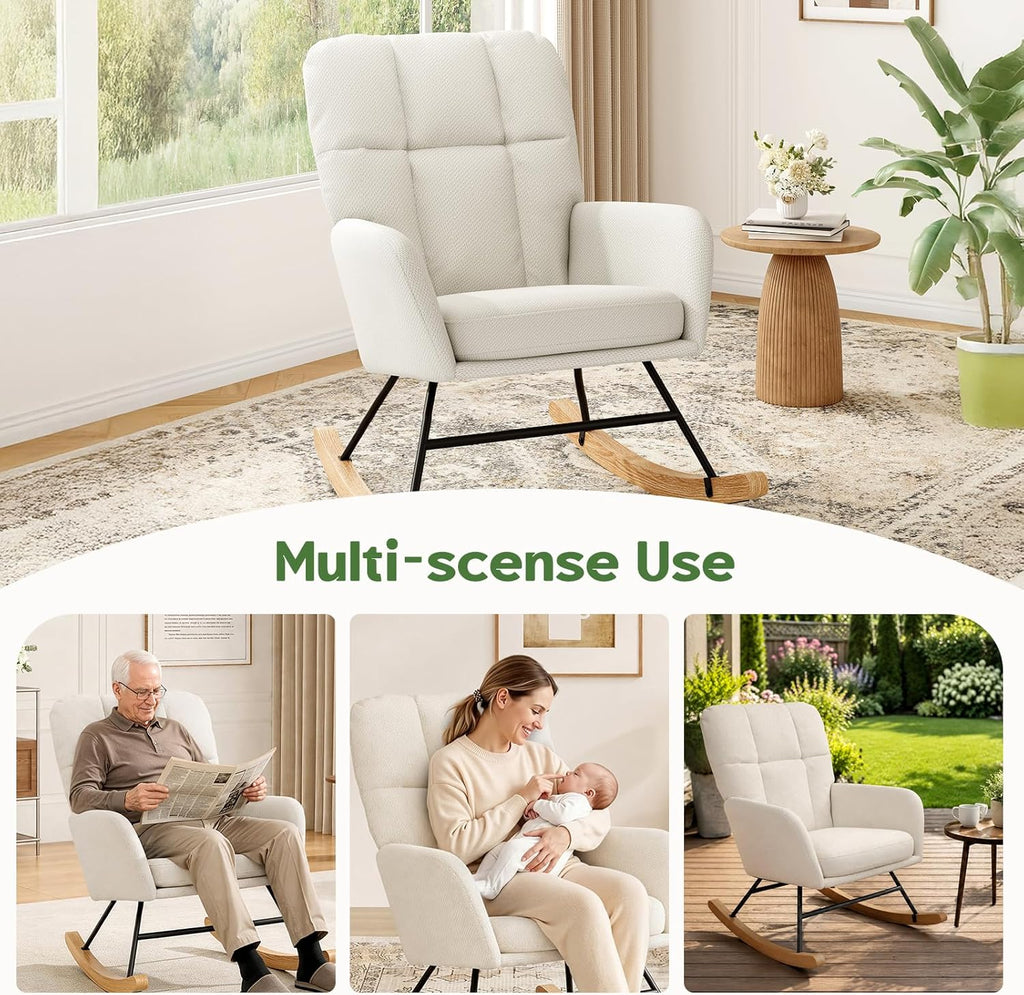 Rocking Chair Nursery Fleece Upholstered Accent Rocker Chair with 20" Wide Seat High Back Solid Wood Legs Comfy Glider Rocker Reading Armchair for Living Room Bedroom, Beige