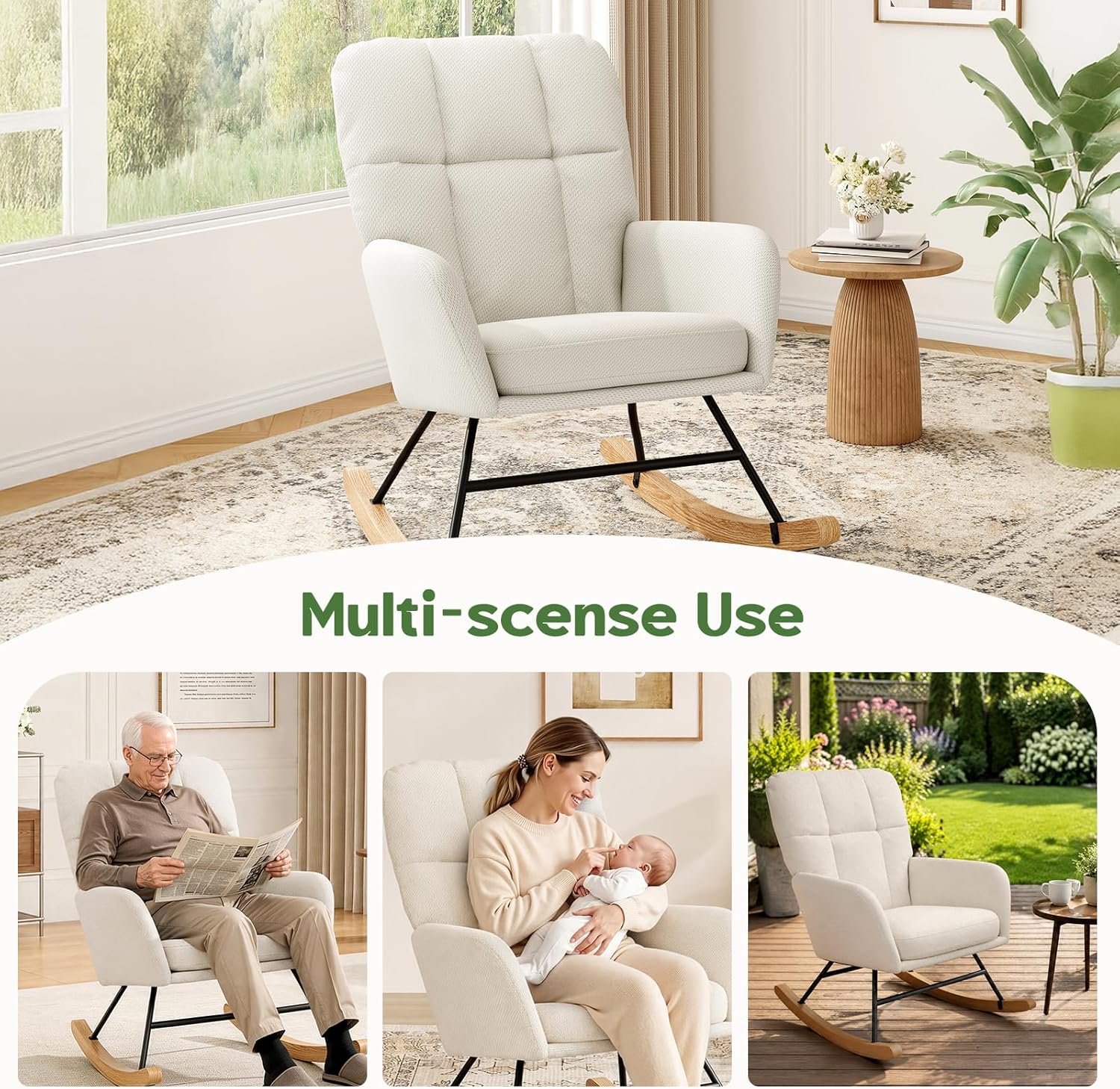 Rocking Chair Nursery Fleece Upholstered Accent Rocker Chair with 20" Wide Seat High Back Solid Wood Legs Comfy Glider Rocker Reading Armchair for Living Room Bedroom, Beige