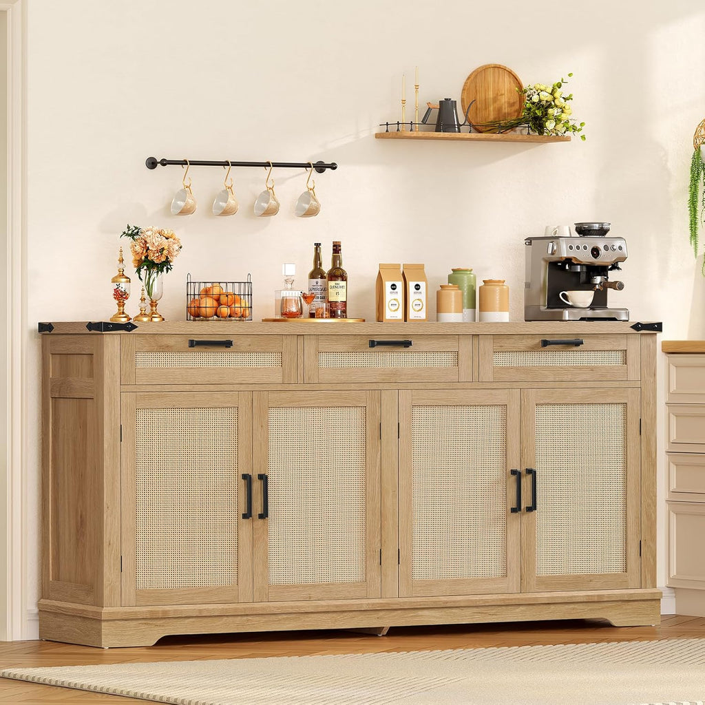 usikey 61” Large Buffet Cabinet with Storage, Sideboard Cabinet with 4 Doors and 3 Drawers, Farmhouse Buffet Table, Dining Room Storage Cabinet for Kitchen or Living Room, Natural