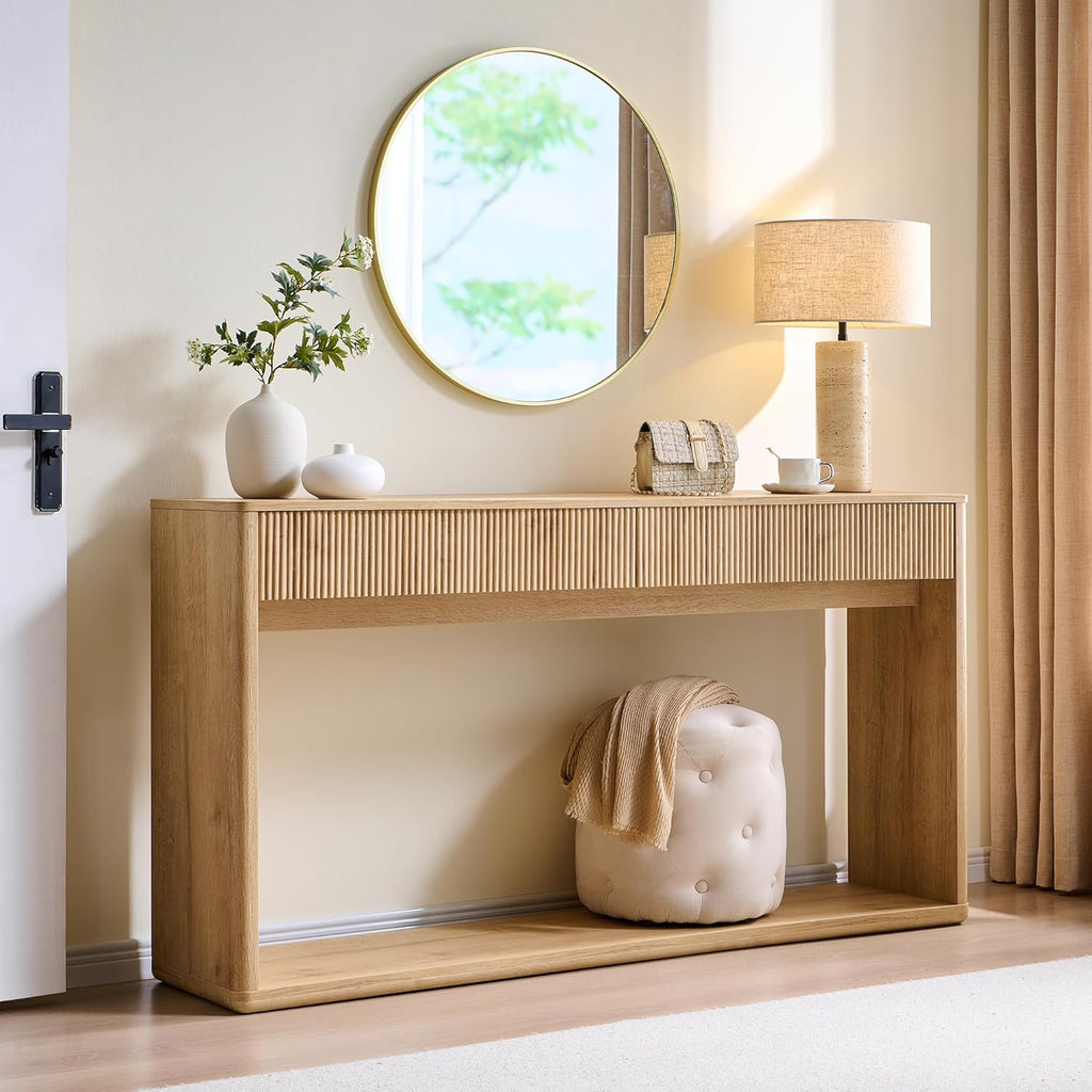 OKD 63" Fluted Console Table for Entryway, Modern Entryway Table with 2 Large Drawers, Long Sofa Table Behind Couch for Living Room, Hallway, Couch, Foyer，Natural Oak