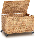Wonderjune 30 x 17.7 x 17.7'' Rolling Storage Trunk with Wheels Woven Wicker Storage Basket with Lid Heavy Duty Blanket Toy Chest for Bedroom Closet Clothes Laundry Room Organization(Water Hyacinth)