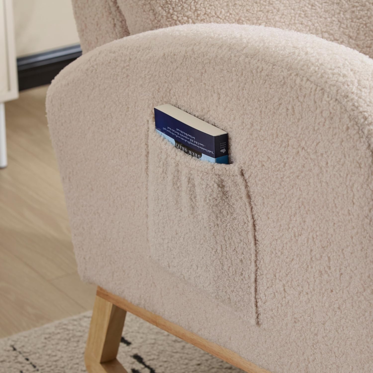 Modern Accent Rocking Chair with Solid Wood Legs, 19 Inch Wide Upholstered Nursery Glider Rocker, Comfy Armchair with Side Pocket, Living Room Lounge Arm Chair with High Backrest (Beige No Footrest)
