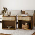 Nathan James Keith Farmhouse Bedside Table, Modern Coastal Nightstand, Rattan Nightstand with 1 Drawer for Bedroom, Light Brown Set of 2