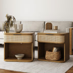 Nathan James Keith Farmhouse Bedside Table, Modern Coastal Nightstand, Rattan Nightstand with 1 Drawer for Bedroom, Light Brown Set of 2