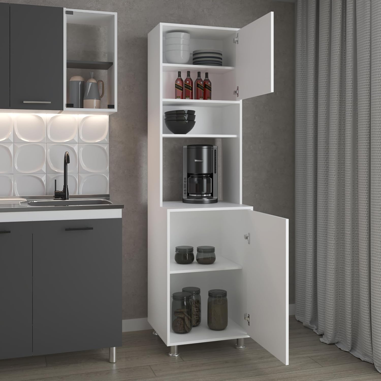 21.4" D*19.7" W*78.7" H Freestanding Kitchen Pantry with 3 Shelves, 2 Single Doors, Rectangular Storage Cabinet, Modern Minimalist, for Living Room, Dining Room, White
