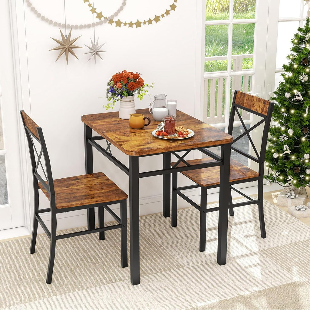 Zevemomo 3-Piece Dining Table Set, Dining Table for 2, Small Table and Chairs Set of 2, Breakfast Nook Table Set with 2 Curved Backrest Chairs, for Small Spaces & Apartment-Brown