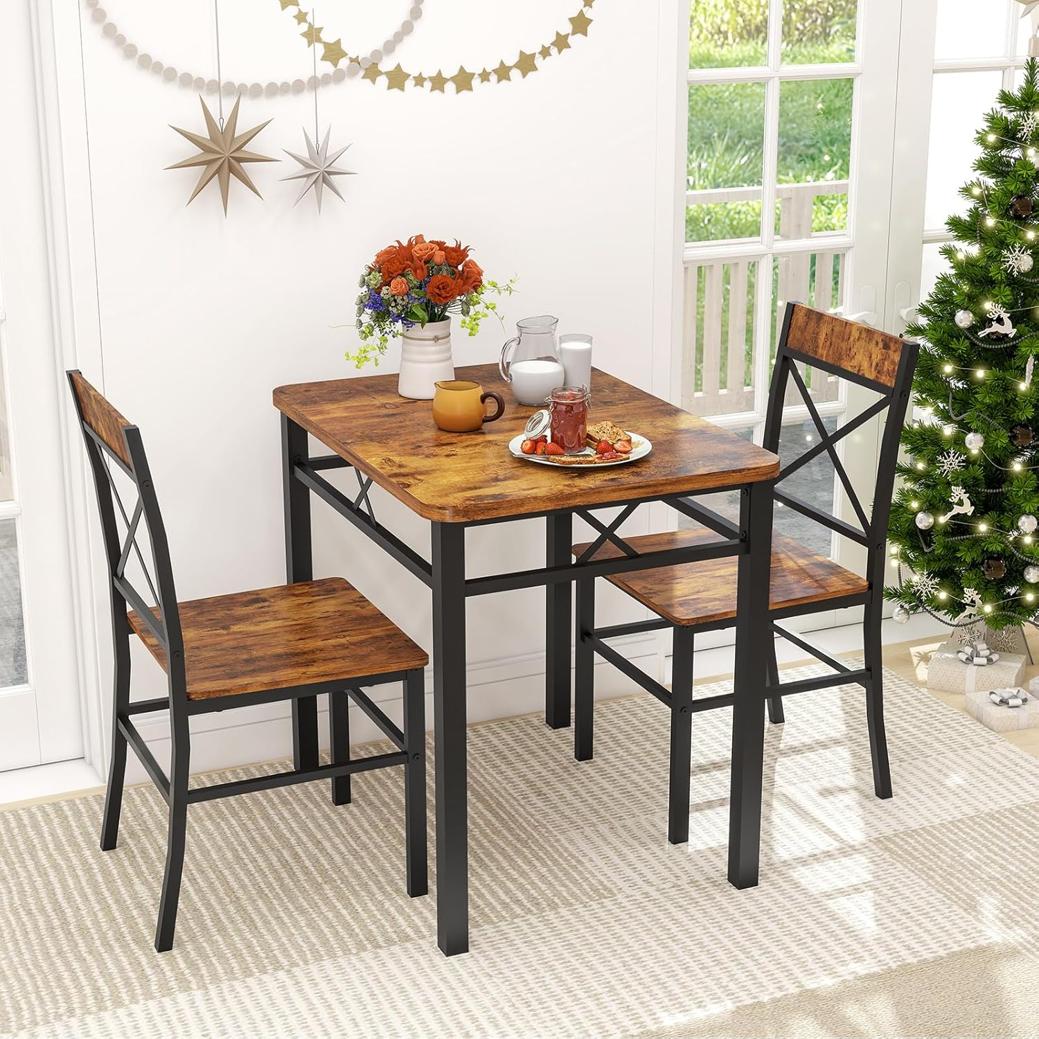 Zevemomo 3-Piece Dining Table Set, Dining Table for 2, Small Table and Chairs Set of 2, Breakfast Nook Table Set with 2 Curved Backrest Chairs, for Small Spaces & Apartment-Brown