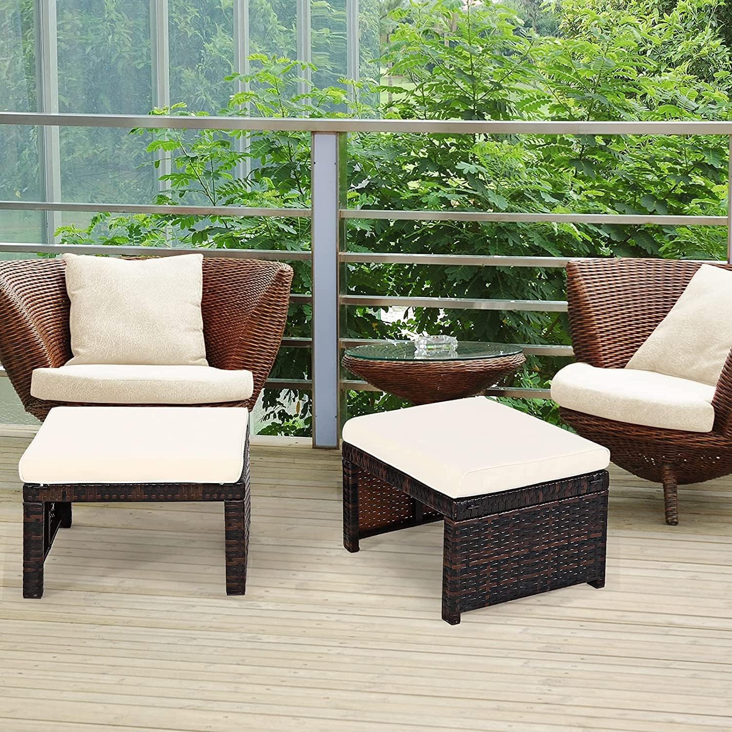DORTALA Outdoor Ottoman Wicker 2 Piece, Patio Ottomans PE Rattan Foot Rest Footstool with Cushions for Garden, Poolside, White