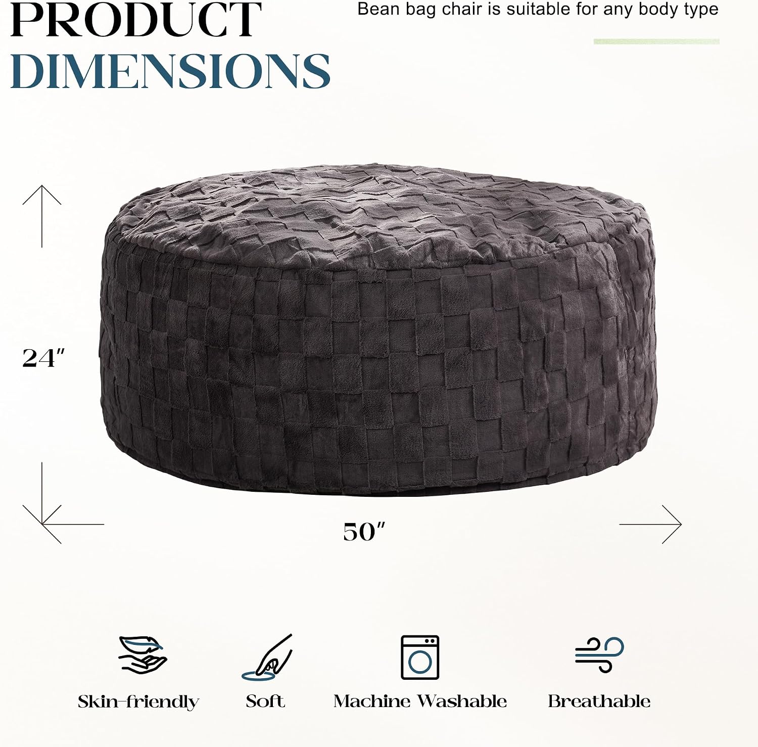 Hobestluk Adults Bean Bag Chair 5FT Big BeanBag Chair Giant Large Oversized | Memory Foam,Washable Cover,Unique Fluffy Plaid,Comfy Bean Bag with Filler Lounging Gaming Bedroom Living Room | Dark Grey 5FT