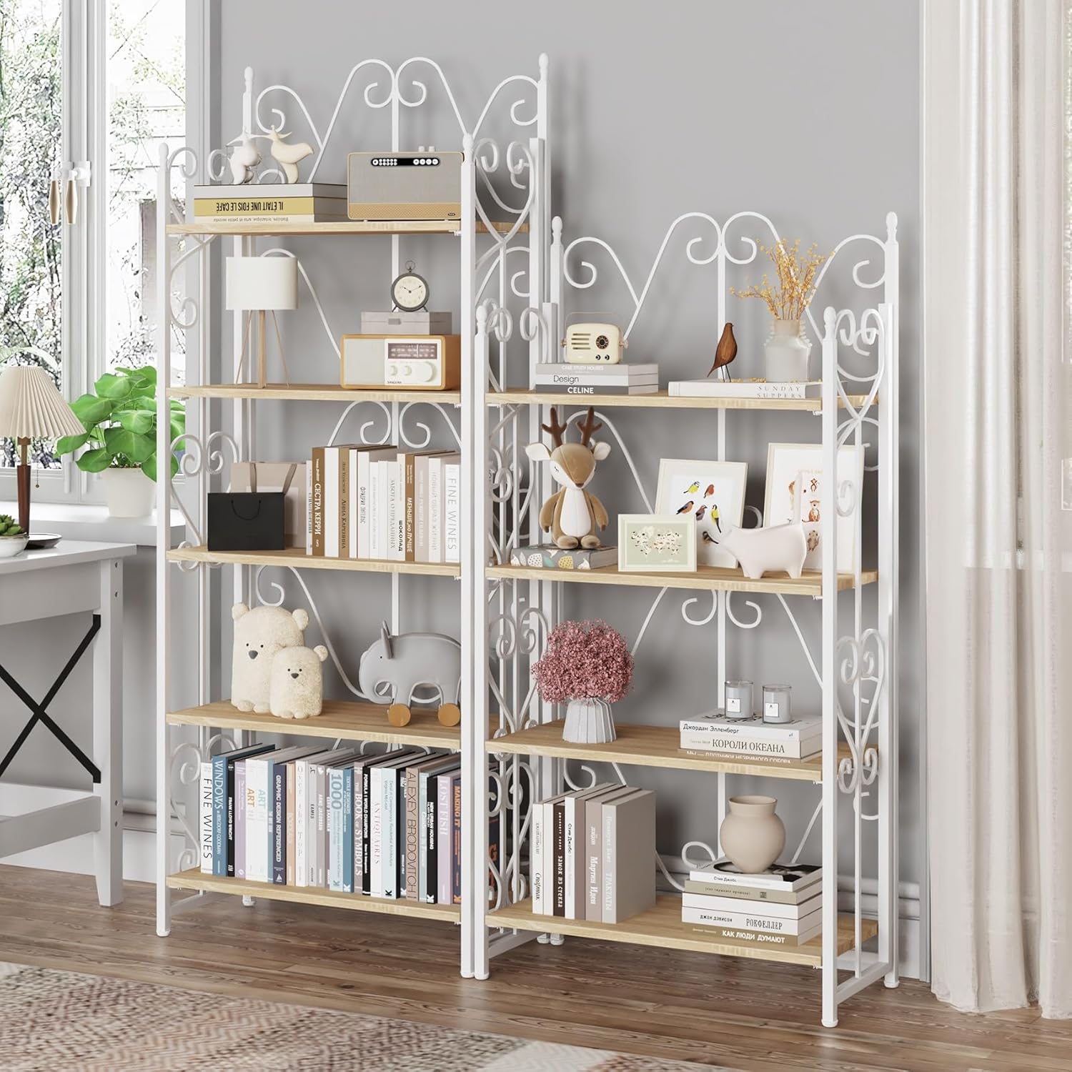 JSB 5 Tier Folding Bookshelf,Industrial Storage Shelves, No Assembly Vintage Wood Look Bookshelf with Storage Shelves for Living Room, Bedroom, Office (White)