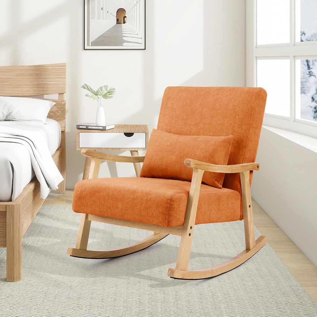 SAETSFEG Rocking Chair for Nursery with Lumbar Pillow, Upholstered Accent Chair with Solid Rubberwood Frame, Living Room & Bedroom, Cozy Reading Chair for Small Spaces, Orange