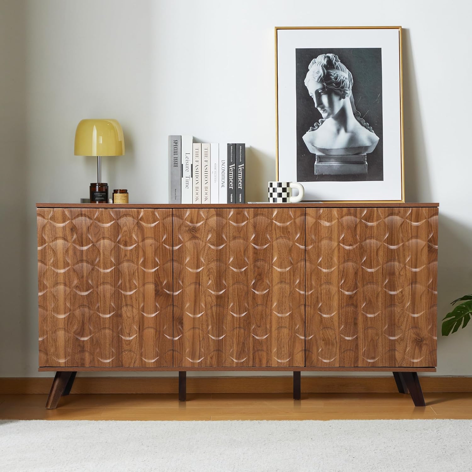 Modern Sideboard Buffet Cabinet with Scandinavian Fluted Door, 58'' Large Kitchen Storage Cabinet with Press Type Door, Accent Console Table for Dining Room Living Room (Walnut)