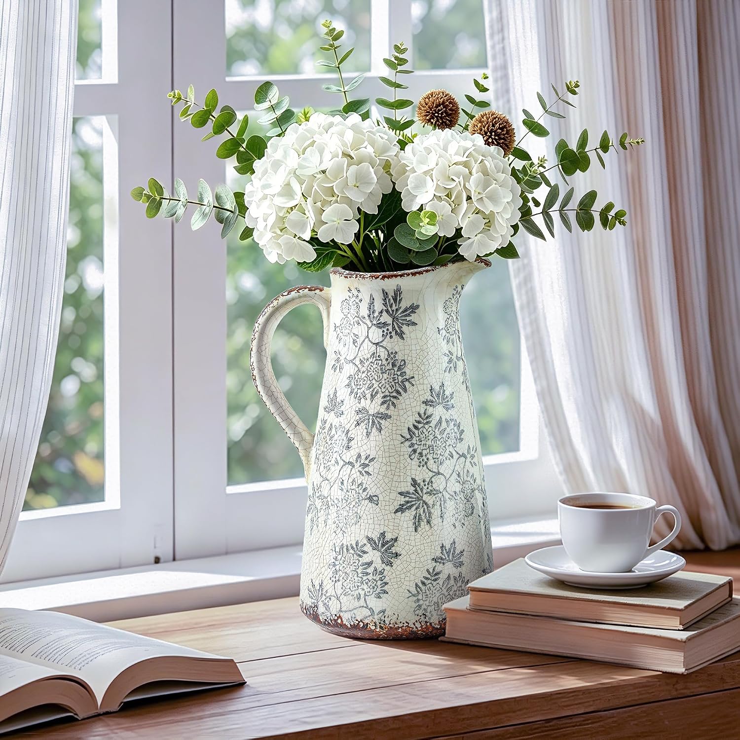 Enra 12.2" Blue and White Ceramic Vase with Handle – Handcrafted Large Chinoiserie Pitcher Vase for Fresh Flowers, Tall Decorative Vase for Living Room Focal Point, Bookshelf & Floor Accent