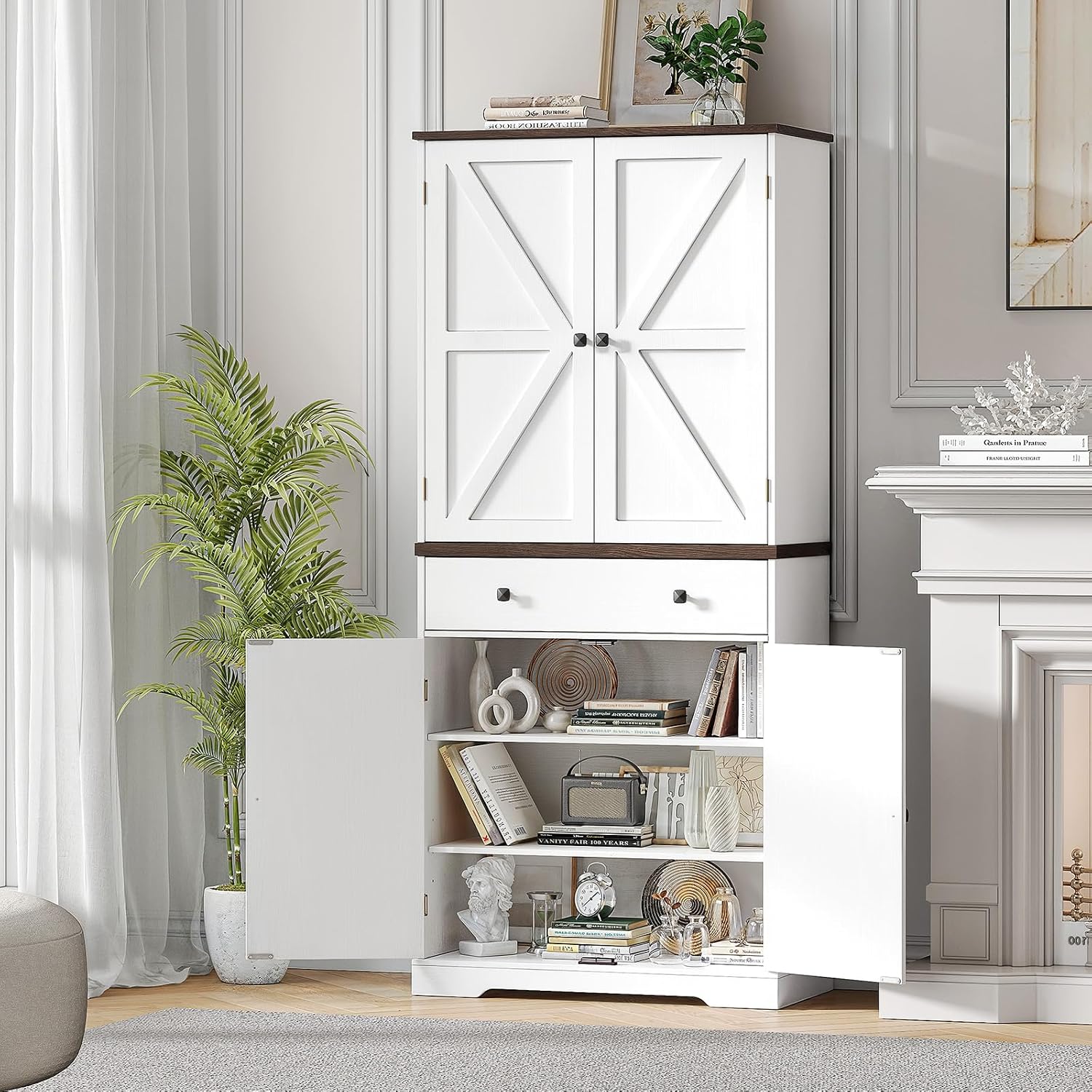 ONBRILL 71" Tall Farmhouse Kitchen Pantry Cabinet with 6 Door Shelves & Drawer, Wood Pantry Storage Cabinet with 2 Adjustable Shelves & 4 Barn Doors, Freestanding Cupboard for Kitchen, Dining Room
