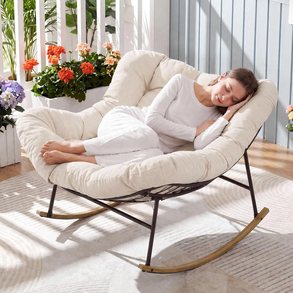 ONBRILL Outdoor Papasan Rocking Chair, Oversized Rocking Chair with Thick Cushion, 450 Lbs Heavy Duty Patio Rocking Egg Chair, Natural Wood Color Metal Rocker Chair for Balcony Porch, Cream White