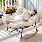 ONBRILL Outdoor Papasan Rocking Chair, Oversized Rocking Chair with Thick Cushion, 450 Lbs Heavy Duty Patio Rocking Egg Chair, Natural Wood Color Metal Rocker Chair for Balcony Porch, Cream White