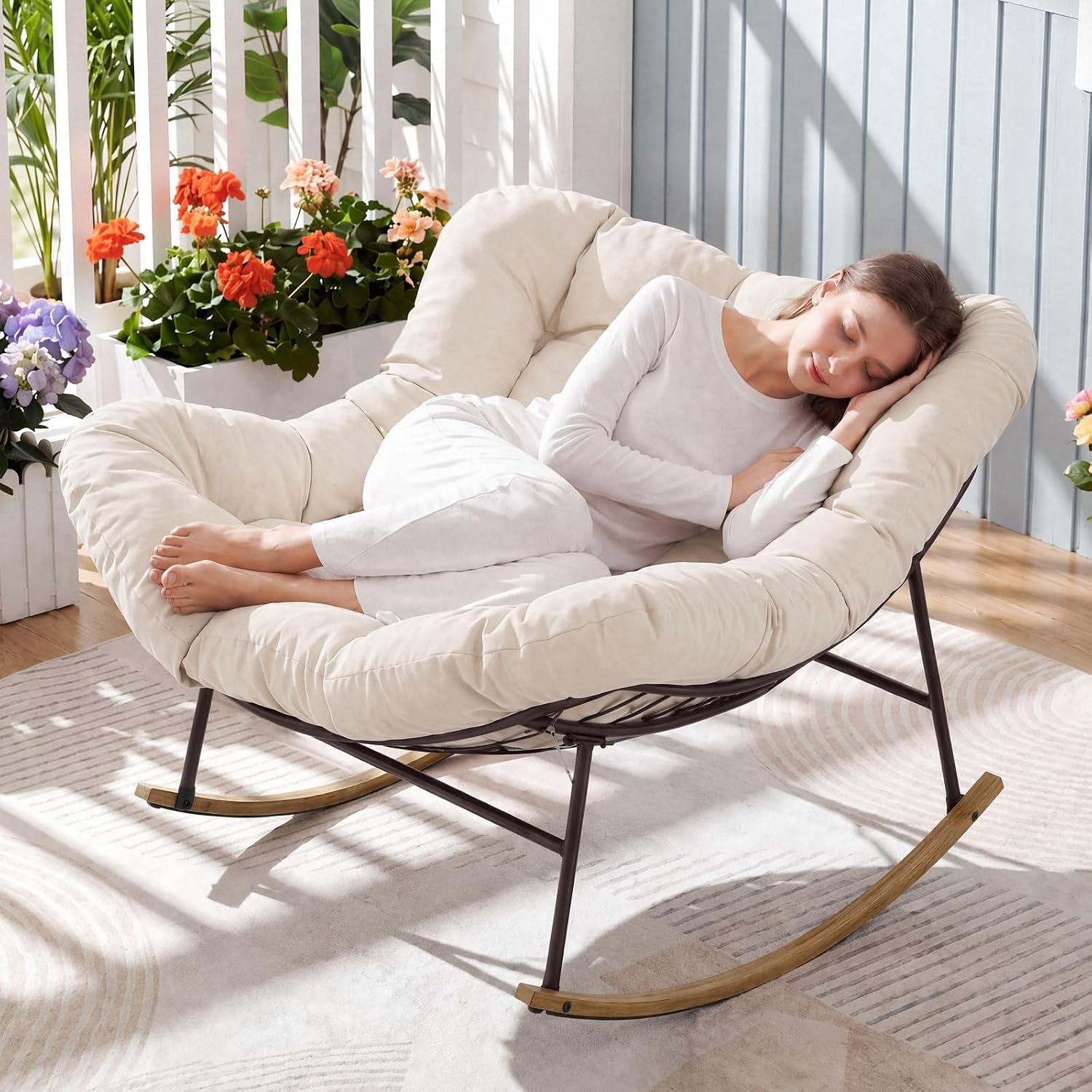 ONBRILL Outdoor Papasan Rocking Chair, Oversized Rocking Chair with Thick Cushion, 450 Lbs Heavy Duty Patio Rocking Egg Chair, Natural Wood Color Metal Rocker Chair for Balcony Porch, Cream White