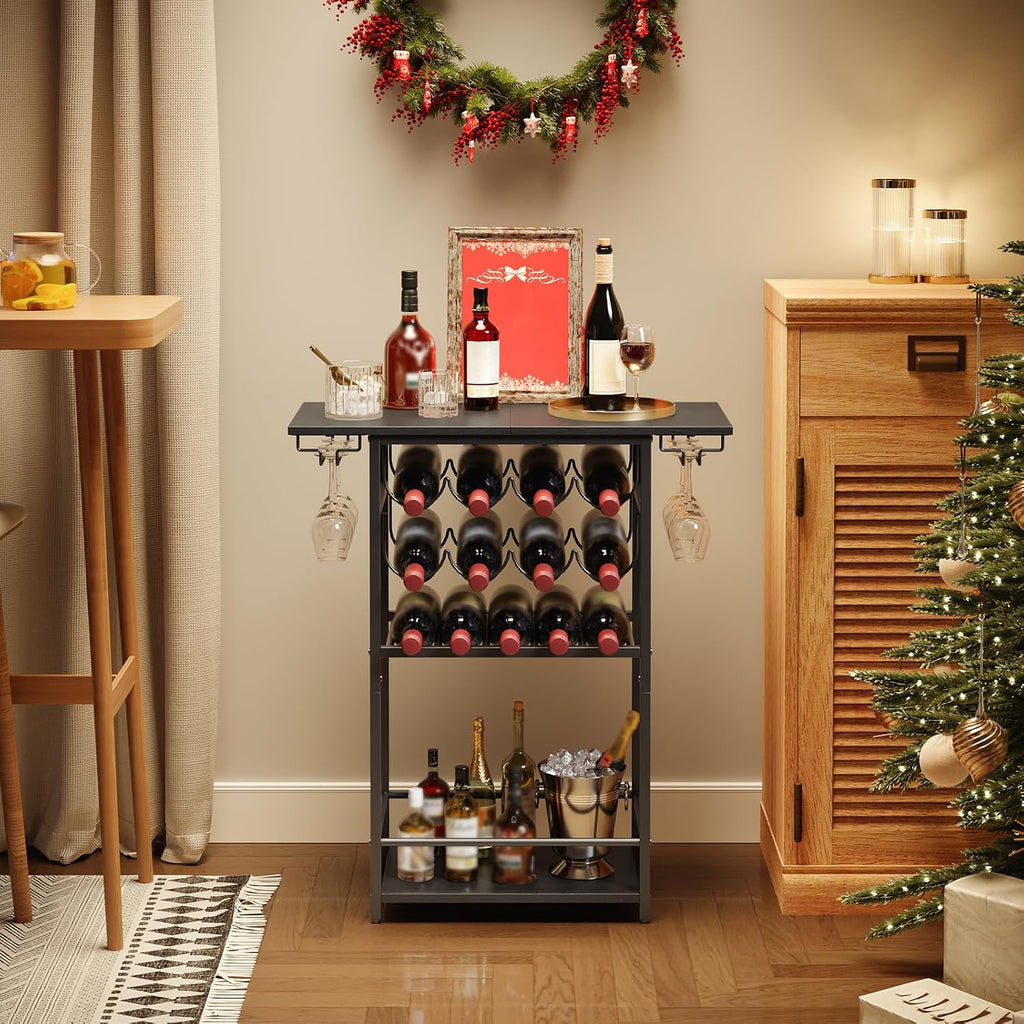 HOOBRO 5-Tier Wine Rack with Glass Holder, Wine Storage Freestanding Floor, Versatile Corner Liquor Cabinet, Alcohol Bottle Display Shelf for Home Bar, Kitchen, Living Room, Black BB68JJ01