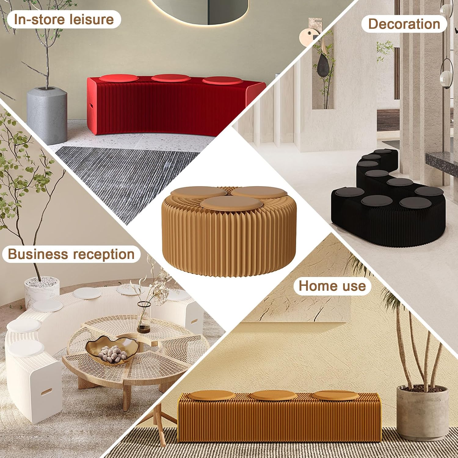 Pop Up Craft Paper Stool - Kraft Paper Material Portable Folding Stool - Honeycomb Design Strong Load-Bearing Capacity - Bench Various Shapes - Fashion Paper Design,Red,H:30CM/12IN/3 Seats