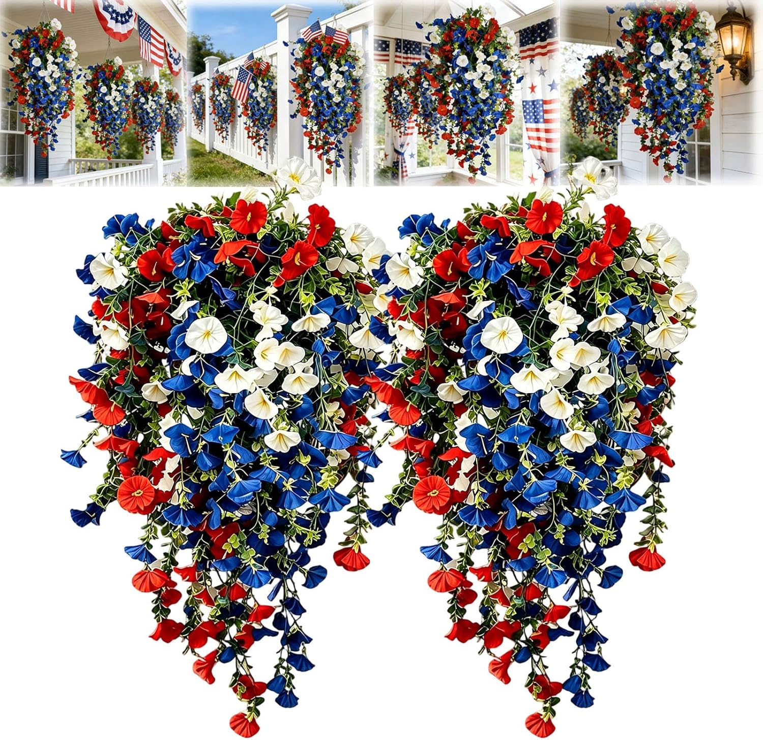 Red White and Blue Hanging Flowers for Outdoors, 4th of July Decoration Tricolor Patriotic Artificial Flower, Patriotic Artificial Flowers for Independence Day Decor, Celebration-Ready (2pcs)