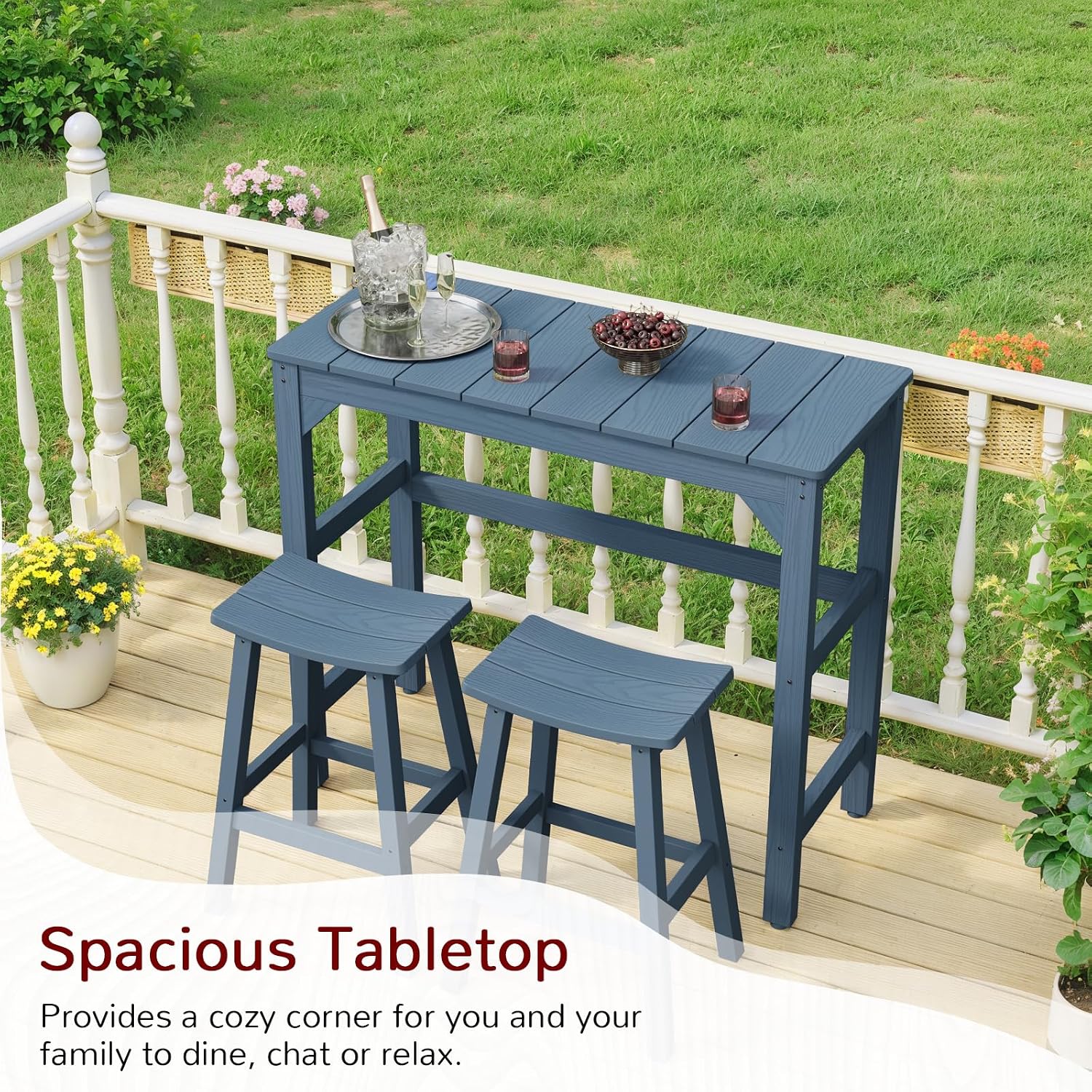 Stoog Patio Bar Table, All-Weather Outdoor Bar Height Table with Adjustable Feet, Low Maintenance, for Balcony, Deck, Porch, and Poolside, Blue