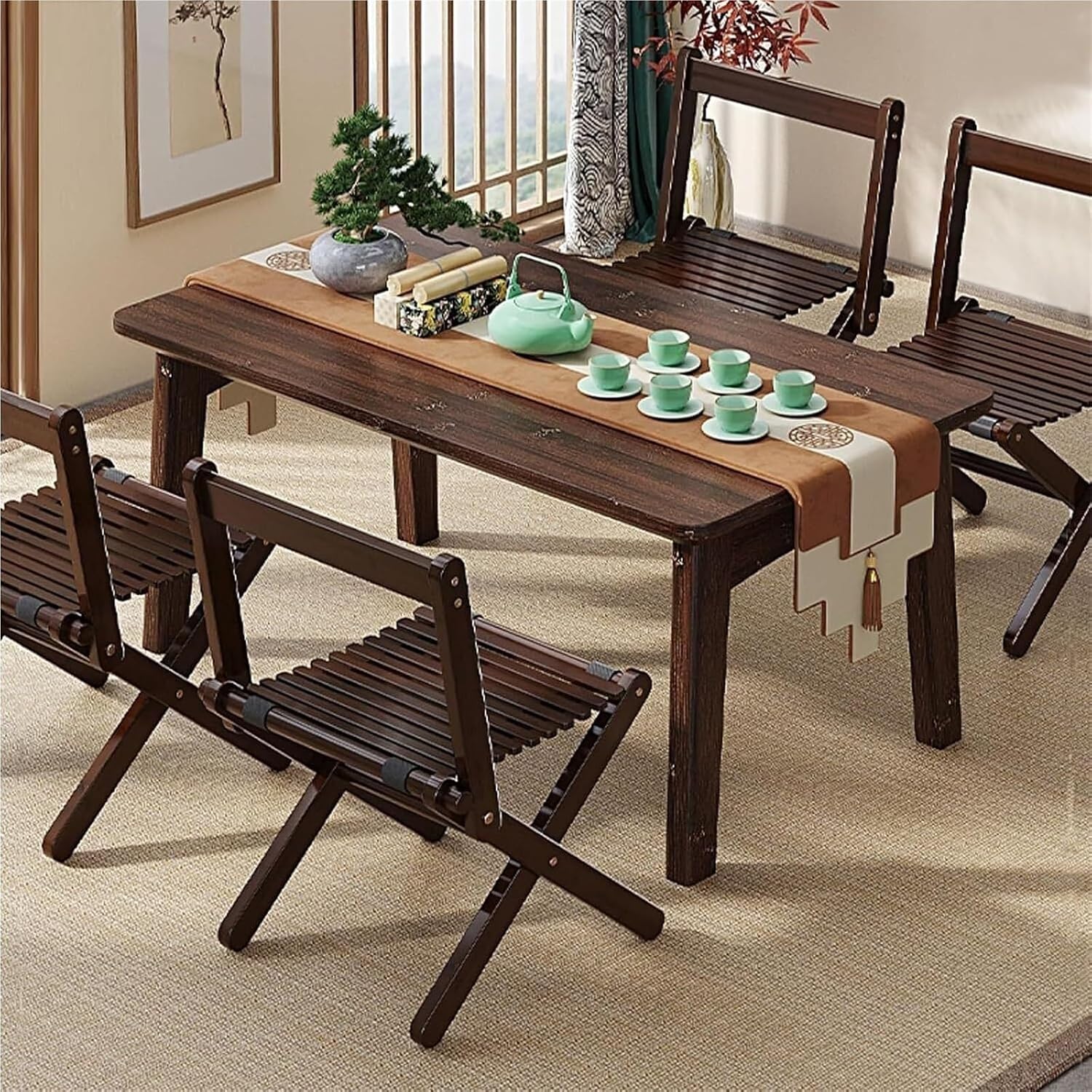 Folding Dining Chairs Set of 2 Foldable Bamboo Kitchen Chair Bamboo Frame Easy to Store for Apartment Small Space