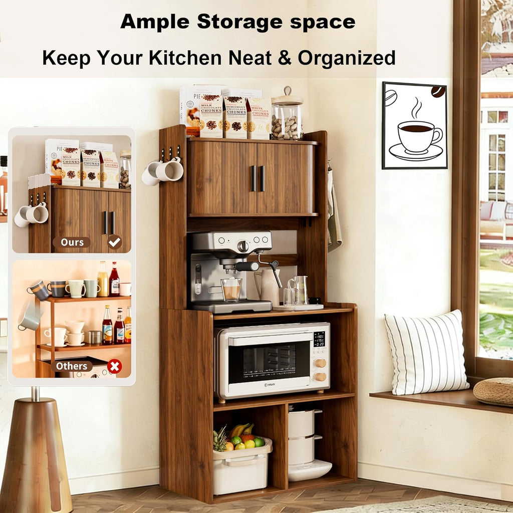 Kitchen Bakers Rack,Coffee Bar with Fluted Sliding Door,5 Tier Free Standing Kitchen Shelves Rack with 6 Hooks and Cable Holes,Microwave Stand for Small Spaces,Kitchen,Living Room