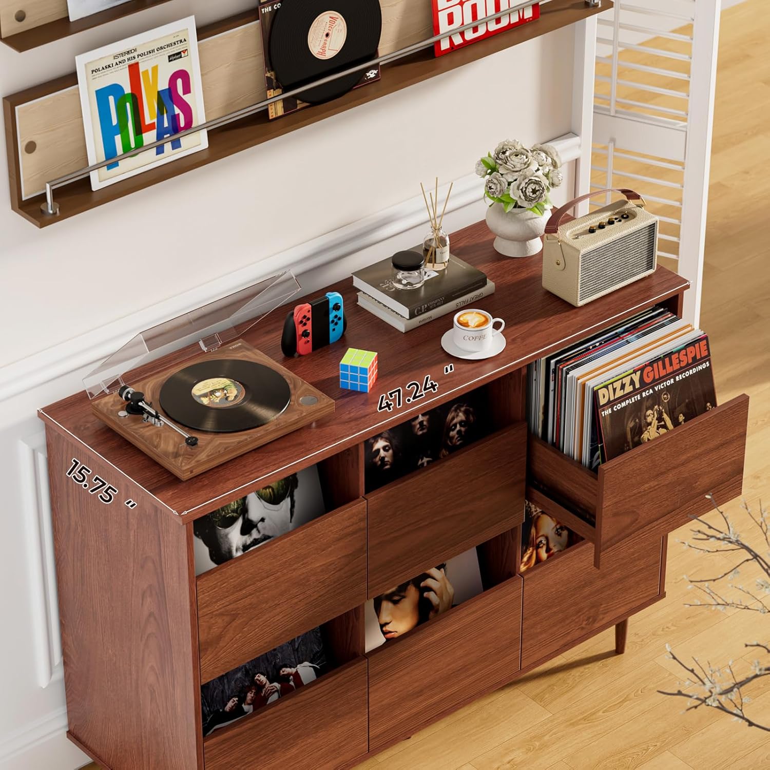BROTTAR 47.2" Large Record Player Stand, 7“/10"/12" Vinyl Record Storage Cabinet, Mid Century Turntable Stand, Vinyl Record Holder, Media Cabinet with DVD Drawers for Living Room, Music Corner, Brown
