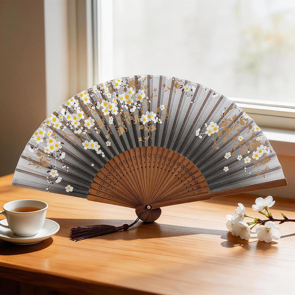 Gray Folding Hand Fan, Handmade Bamboo Silk Handheld Fan with Tassel, Portable Cooling Fan for Dance Party Decoration