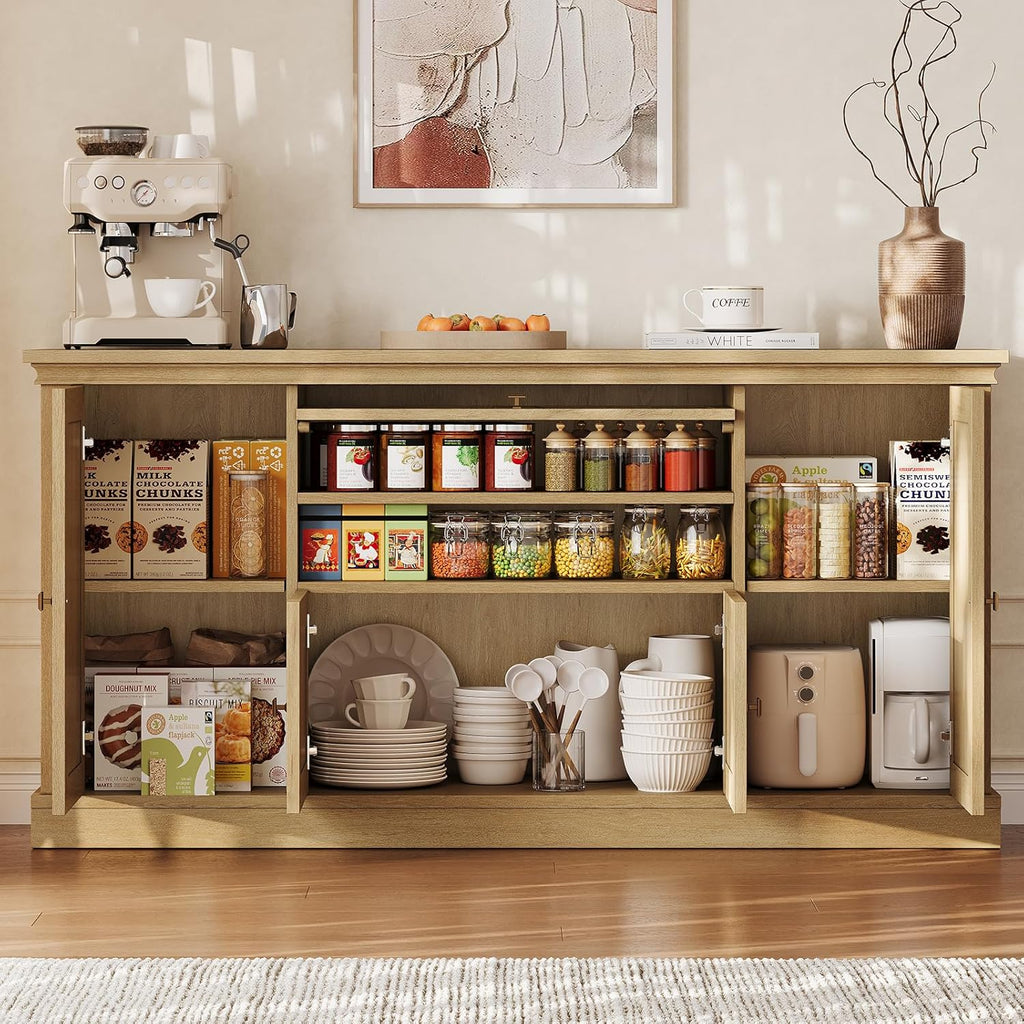 ONBRILL 63" Large Buffet Cabinet with Storage, Farmhouse Sideboard Cabinet with Grooved Barn Doors, Wood Rustic Kitchen Buffet Table Coffee Bar Storage Cabinet for Kitchen, Living Room (Natural)