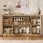 ONBRILL 63" Large Buffet Cabinet with Storage, Farmhouse Sideboard Cabinet with Grooved Barn Doors, Wood Rustic Kitchen Buffet Table Coffee Bar Storage Cabinet for Kitchen, Living Room (Natural)
