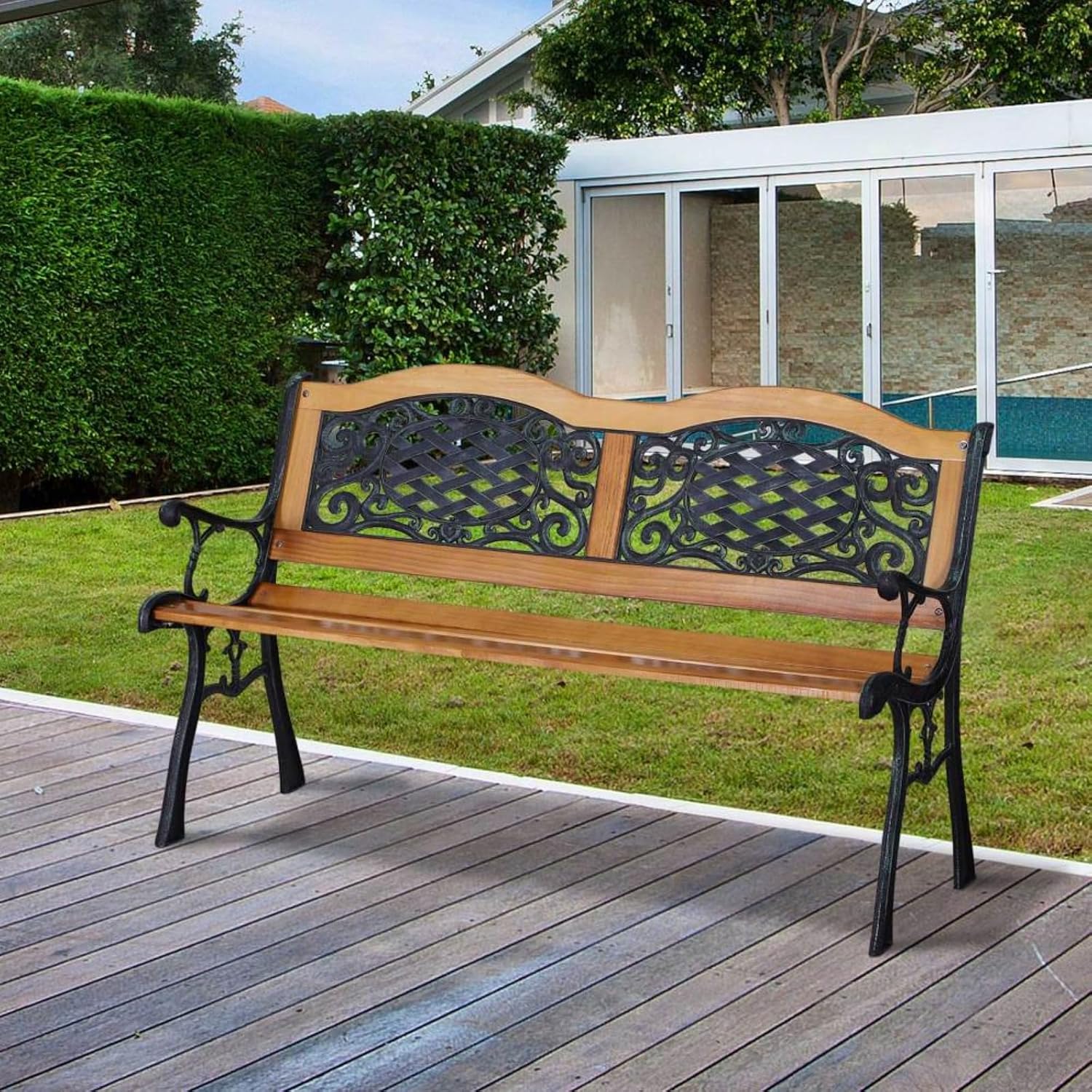 Hassyee Outdoor Garden Bench with Antique-Like Flourishes and Slatted Design for Backyard, Deck, Lawn, Patio Wooden Bench with Metal Frame for Balcony, Poolside, Park