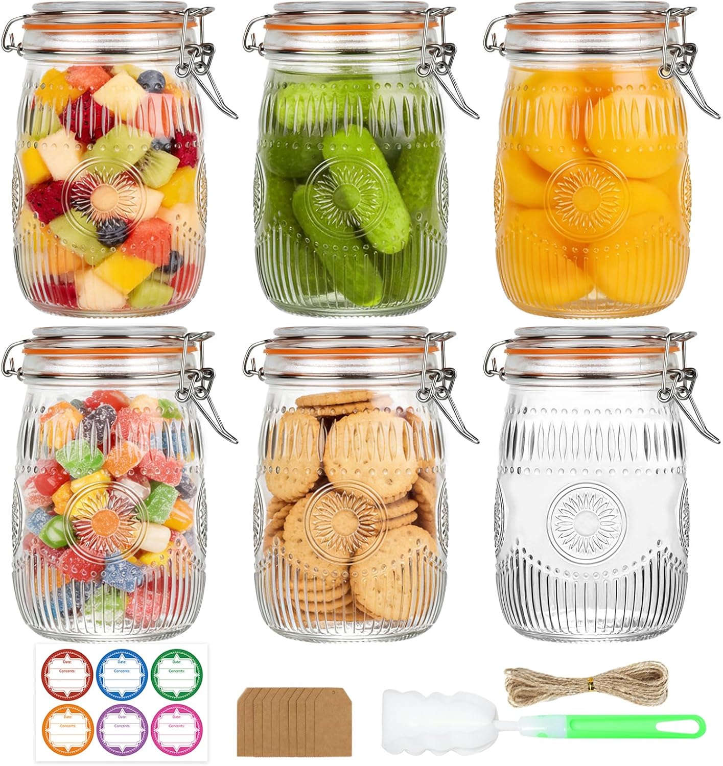 32oz Mason Jars with Airtight Lids, 6 Pack Wide Mouth Canning Jars with Clamp Lid, Quart Glass Canisters for Kitchen Storage, Pickling, Coffee, Cereal, Sugar, Flour, Beans