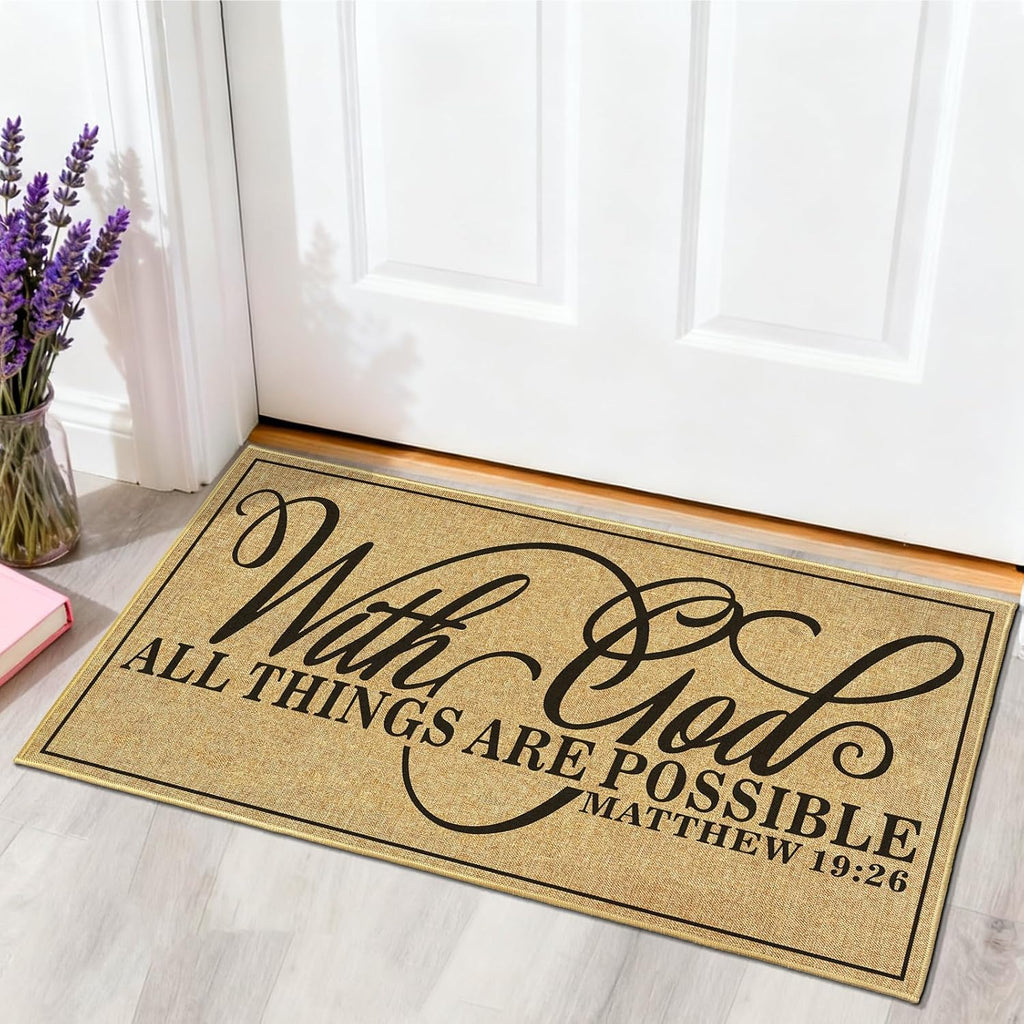 Mat Doormat for Outside Entrance Durable Christian Mat for Front Door Low-Profile Indoor Outdoor Mats Non-Slip Backing with God Floor Rug for Living Room Religious Gifts Home Decor 16.9 x 29.9 Inch