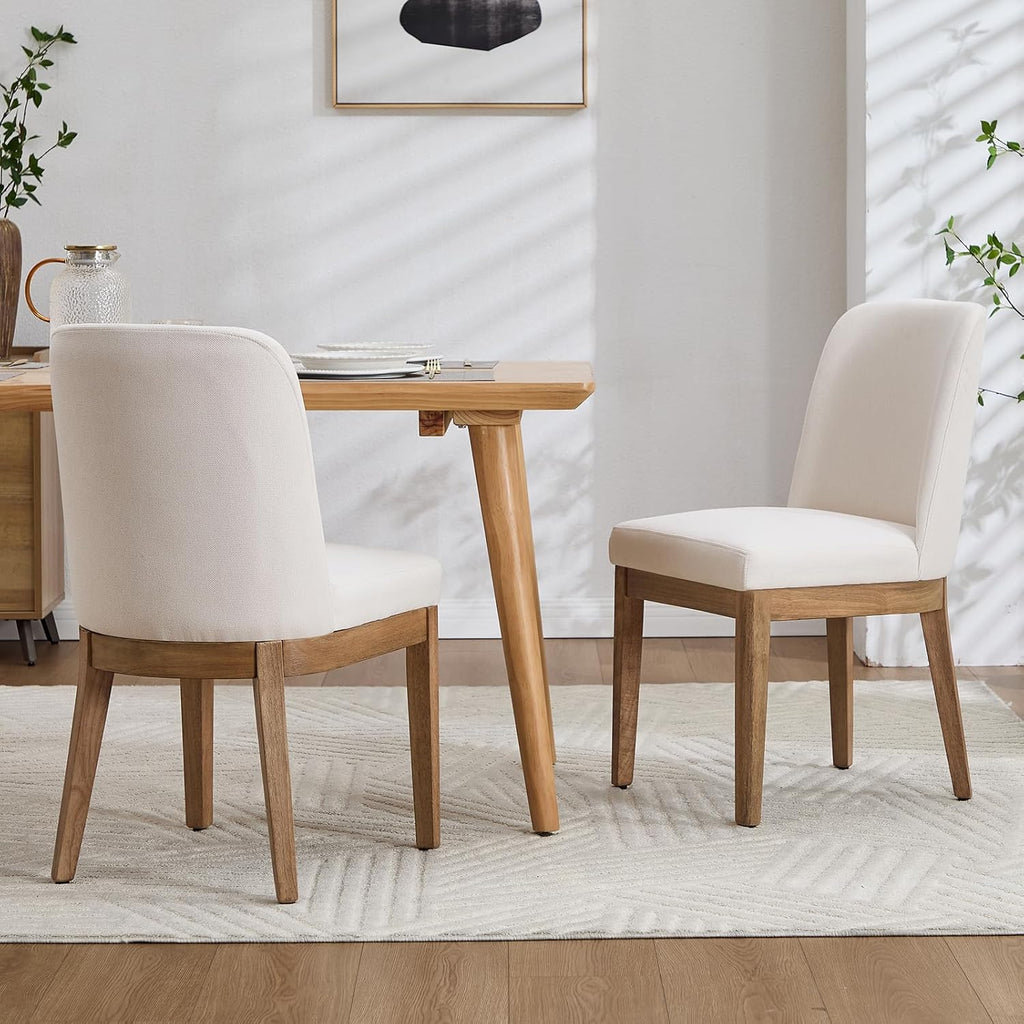 Upholstered Dining Chairs Set of 4, Linen Fabric Living Room Chairs Mid Century Modern Armless Kitchen Chairs with Backrest and Wood Legs for Kitchen Dining Room Restaurant, Cream